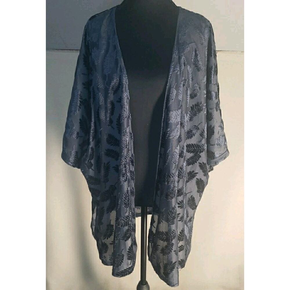 Lg Burnout Velvet‎ Kimono Duster Swim Coverup Blue Women's Oversized Boho